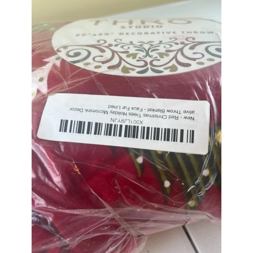 Marlo Lorenz Red Christmas Trees Fringe Faux Fur Backing Micromink Throw Blanket